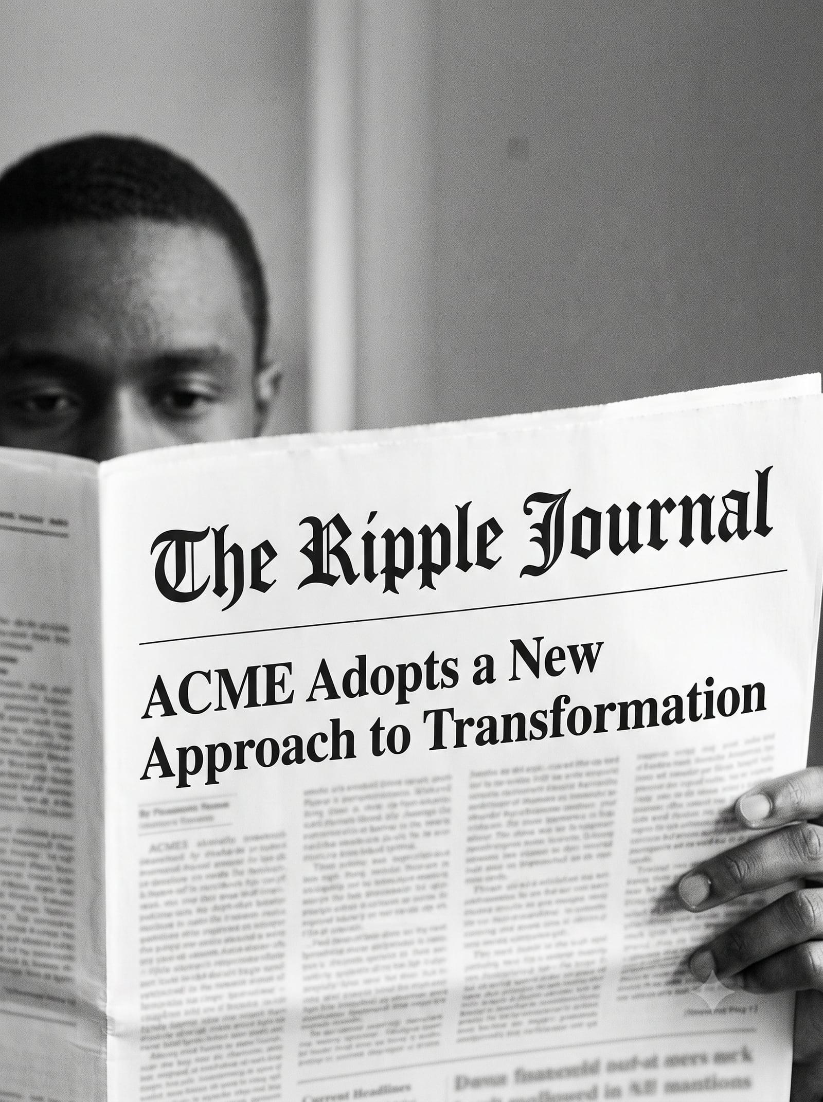 A reader holding open The Ripple Journal, the masthead and lead headline facing the viewer